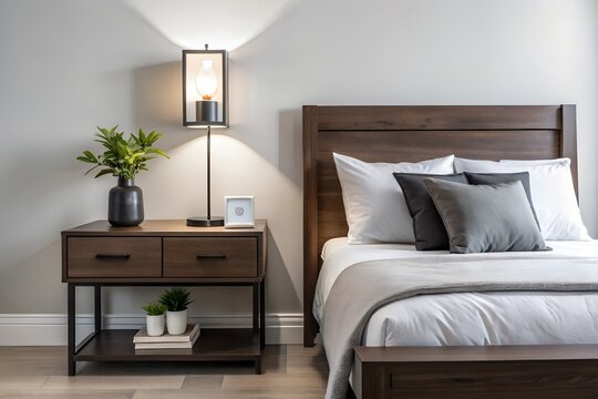 Cozy and inviting master bedroom with a dark wood bed frame and matching nightstand featuring a modern lamp and decorative items