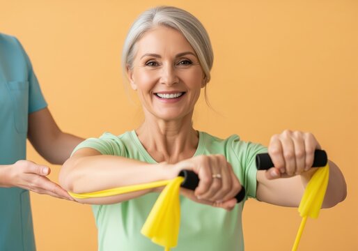Confident older woman smiling while performing arm exercises with resistance band during physical therapy