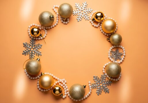 Elegant gold christmas ornaments and snowflakes arranged in a circle