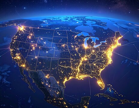 Illuminated night view of USA from space, showing city lights - Powered by Adobe