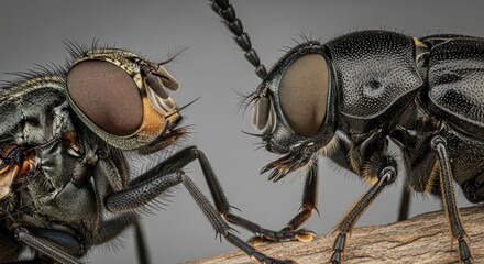 Extreme Macro Close-up: Confrontation of a Fly and a Wasp-like Insect on a Branch, Revealing Intricate Compound Eyes and Exoskeleton Details