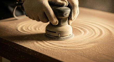 Close-up of a gloved hand operating an orbital sander on a wooden surface, creating sawdust patterns during woodworking.