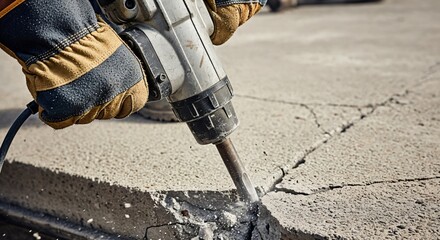 Close-up of a worker's gloved hands operating a heavy-duty jackhammer, breaking apart a cracked concrete slab on a construction site, creating dust and debris.