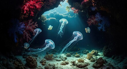 Fototapeta premium Ethereal Moon Jellyfish and Vibrant Coral Reef in Sunlit Underwater Cave, a Majestic Scene of Marine Life and Ocean Depths