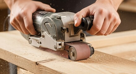 Close-up of a man's hands operating an electric belt sander on a wooden plank, creating sawdust in a workshop environment.