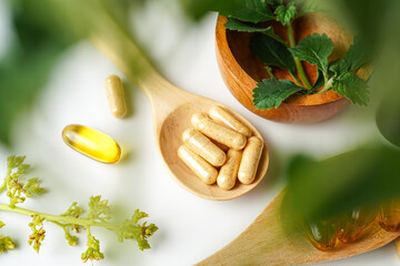 Medicine herbal organic capsule vitamin E omega 3 fish oil drug herbs leaf natural supplements