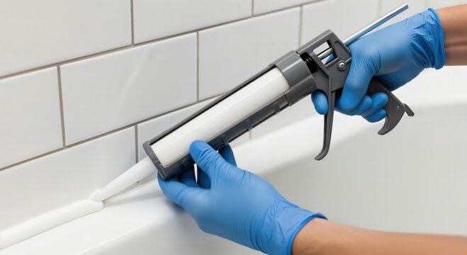 Person in blue gloves applying white silicone caulk with a caulk gun to seal the gap between a bathtub and ceramic subway tiles during bathroom renovation.
