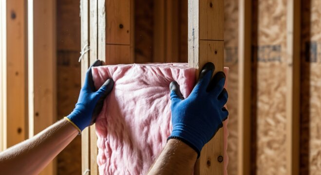 Worker's hands in blue gloves installing pink fiberglass insulation between wooden wall studs during home construction or renovation project for energy efficiency