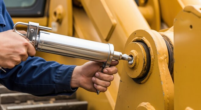 Adult male hands performing maintenance on heavy construction equipment, applying grease with a grease gun to a pivot point.