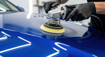 Professional car detailer polishing a shiny blue car hood with an orbital buffer for a perfect finish.