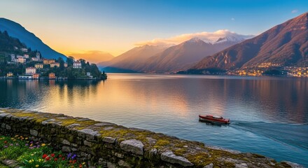 Golden hour over a beautiful mountain lake, featuring a charming Italian village on the shore, a classic wooden boat cruising, and a vibrant display of flowers by a moss-covered stone wall.