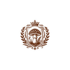 Vintage royal mushroom crest logo vector illustration. Engraving style emblem featuring a mushroom, ferns, and foliage framed by a shield, crown, and laurel wreath