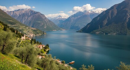 Panoramic view of an idyllic Italian lakeside village nestled among majestic snow-capped mountains and lush olive groves under a clear blue sky.