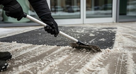 Person in black gloves using a shovel to clear melting snow and slush from a paved walkway in front of a commercial building entrance during winter weather conditions.