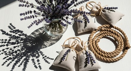 Fresh lavender flowers in glass vase, handmade linen sachets with dried lavender, and natural rope, casting dramatic shadows on a white wooden surface.