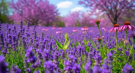 Vibrant Lavender and Coneflower Field with Blooming Pink Trees Under a Bright Blue Sky