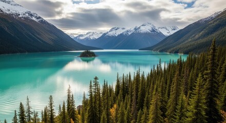 Breathtaking Turquoise Mountain Lake with Island, Snow-Capped Peaks, and Autumn Forest under a Dramatic Sky
