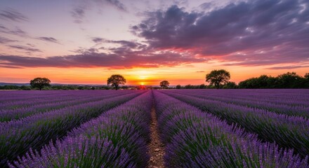 Vibrant Purple Lavender Field at Sunset with Dramatic Sky and Scattered Trees