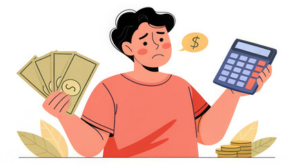 worried person holding money and a calculator, symbolizing financial stress and budgeting challenges. Ideal for finance blogs, economic articles, or personal money management content