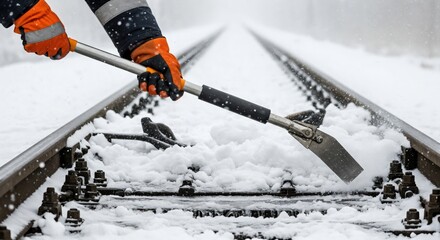 Railway worker in orange protective gloves clearing fresh snow from train tracks with a specialized shovel on a cold winter day, ensuring safe operation.