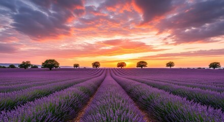 Vibrant Lavender Field at Sunset with Majestic Trees Under a Colorful Sky, Creating a Serene and Idyllic Summer Landscape