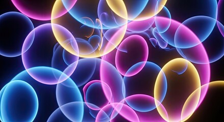 Vibrant Abstract Luminous Bubbles and Orbs with Dynamic Neon Glow and Overlapping Transparent Shapes