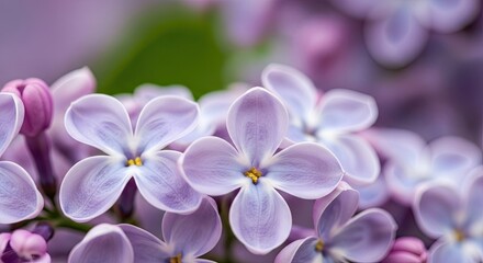 Macro Close-up of Delicate Purple Lilac Flowers in Soft Bloom, Showcasing Vibrant Petals, Yellow Stamens, and a Gently Blurred Green and Lavender Background, Capturing Spring' Essence