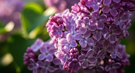Close-up of vibrant purple lilac flowers, adorned with delicate water droplets, blooming in soft natural light, highlighting the intricate beauty of spring.