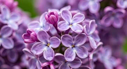 Vibrant Close-up of Blooming Purple Lilac Flowers with Delicate Petals and Magenta Buds Against a Soft, Blurred Floral and Green Background