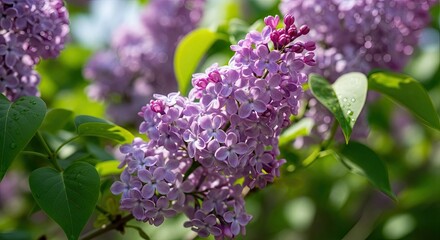 Close-up of Vibrant Purple Lilac Flowers Blooming in Spring, Featuring Fresh Green Leaves with Sparkling Water Droplets and a Soft Bokeh Background