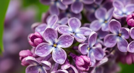 Macro close-up of fresh purple lilac flowers with sparkling water droplets, vibrant lavender and magenta blooms after rain in natural light