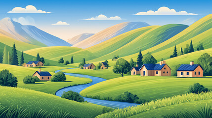 A charming and colorful countryside landscape rendered in a whimsical, painterly style. Rolling hills stretch into the distance, dotted with small white houses with red rooftops nestled among vibrant,