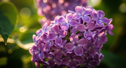 Close-up of Delicate Purple Lilac Blossoms Adorned with Dew Drops Against a Beautiful Bokeh Background