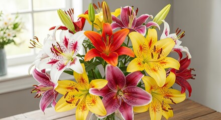 Vibrant Bouquet of Colorful Lilies with Mixed Blooms and Fresh Green Buds in a Bright, Naturally Lit Setting