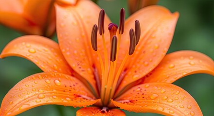 Vibrant Lily Flower with Glistening Raindrops and Detailed Stamen in Close-up Macro