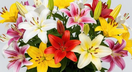 Vibrant Mixed Lily Bouquet Featuring Pink, White, Yellow, and Red Blooms on a Light Background