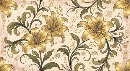Elegant Golden Lilies and Ornate Botanical Foliage on a Textured Seamless Pattern Background