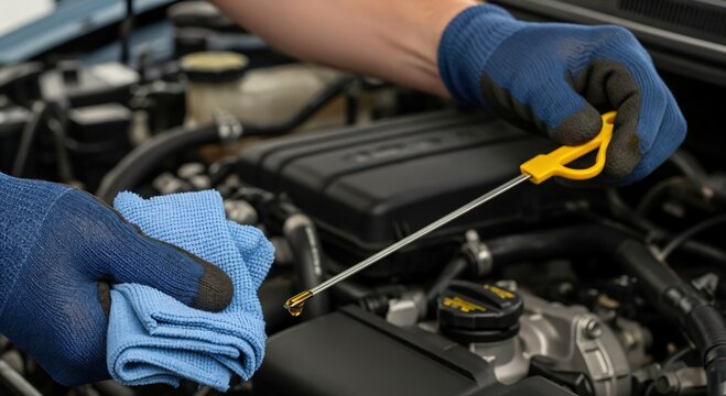 Mechanic wearing blue gloves checking car engine oil level with a dipstick and microfiber cloth during vehicle maintenance.