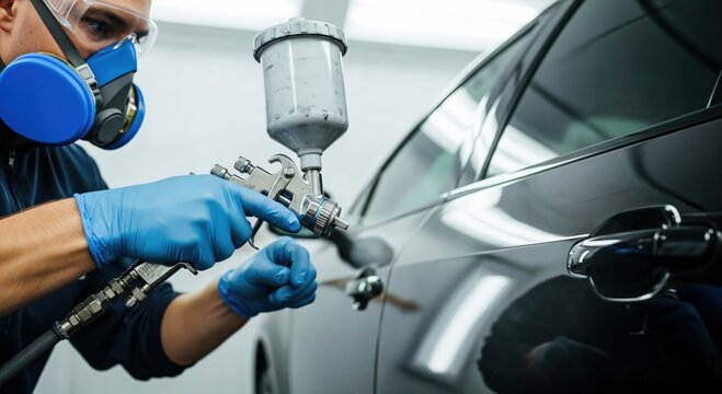 Professional auto body painter wearing protective gear spraying black car with paint gun in a workshop.