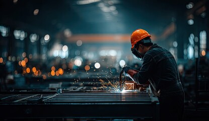 Craftsman in protective gear performs welding with bright sparks flying.