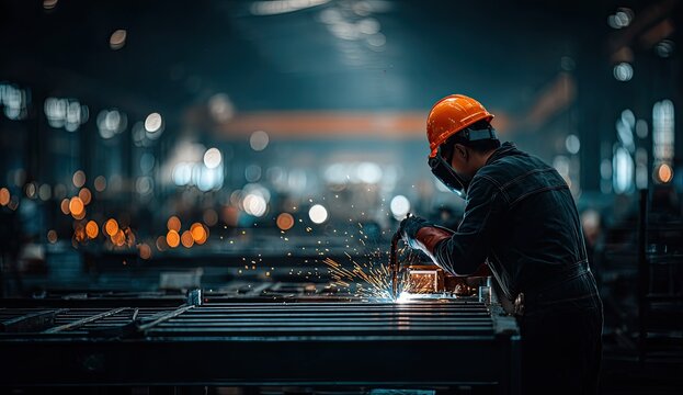 Craftsman in protective gear performs welding with bright sparks flying.