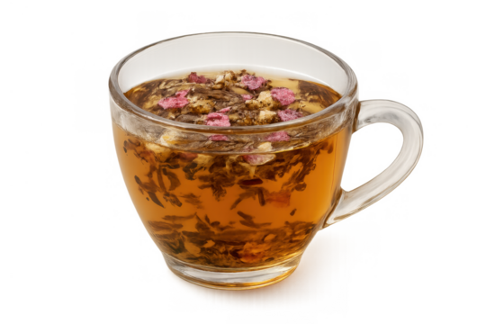Herbal tea infusion with rose petals in a clear glass cup, creating a soothing and natural warm beverage, transparent background
