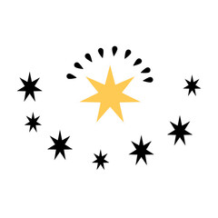 A central yellow star surrounded by several smaller black stars