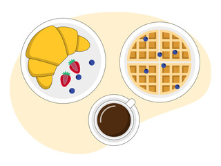 Croissant with strawberry and blueberry, another plate is waffle with blueberries, and cup of coffee. Brunch food illustration. Flat vector design.