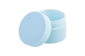 Blue cosmetic jar container with open lid on white background.