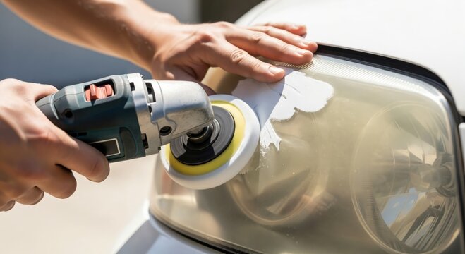Close-up of a person's hands using an electric polisher to restore a cloudy car headlight, enhancing its clarity and appearance.