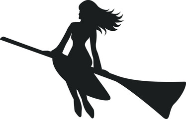Silhouette of a witch flying on a broomstick. Illustration for Walpurgis Night or Halloween decor.