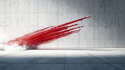 Red rocket trails against concrete wall