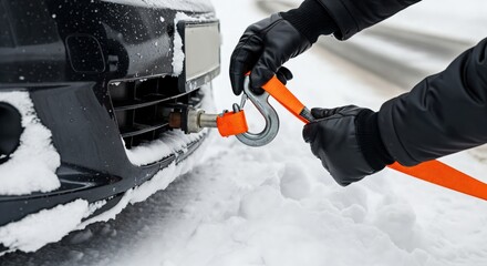 Person in black gloves attaching a bright orange towing strap with a metal hook to the front bumper of a black car stuck in deep winter snow.