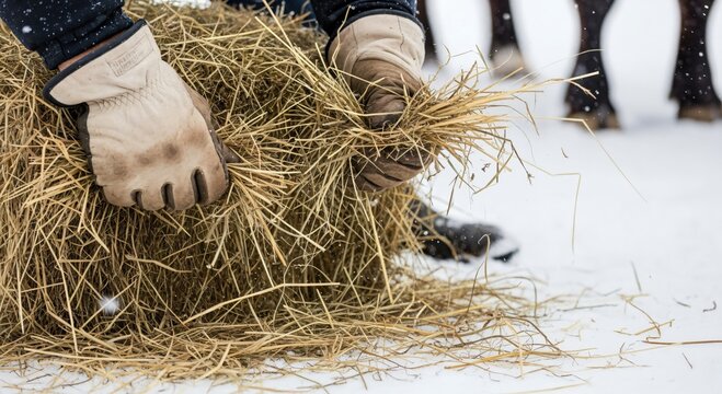 Farmer's gloved hands breaking apart a hay bale in the snow, preparing feed for farm animals on a cold winter day.